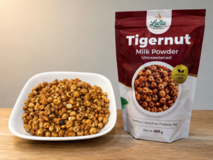 Whole tigernuts beside Lucia Nutrisips Tigernut Milk Powder